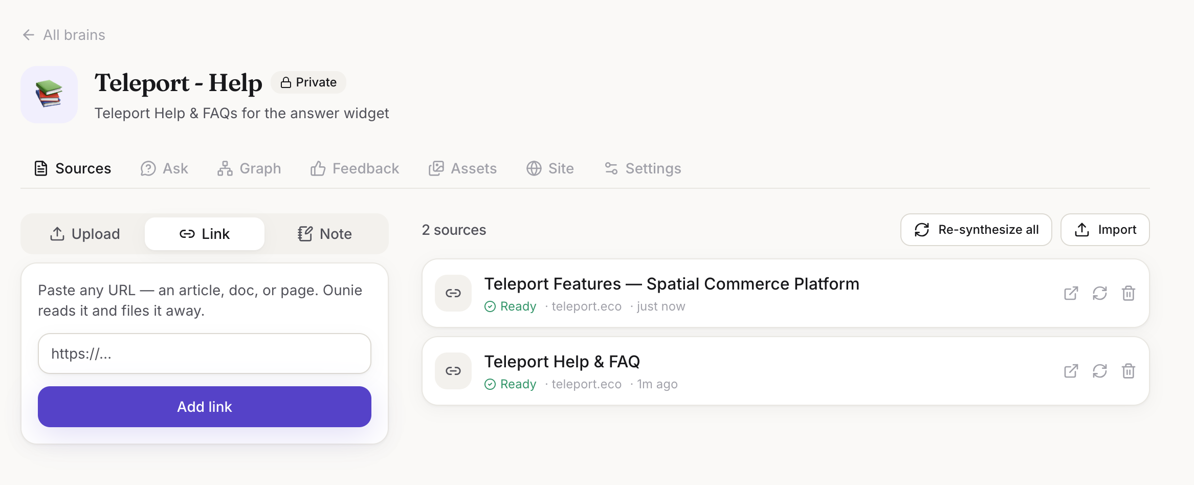 The Teleport - Help brain with two public-safe link sources: Teleport Features and Teleport Help & FAQ.