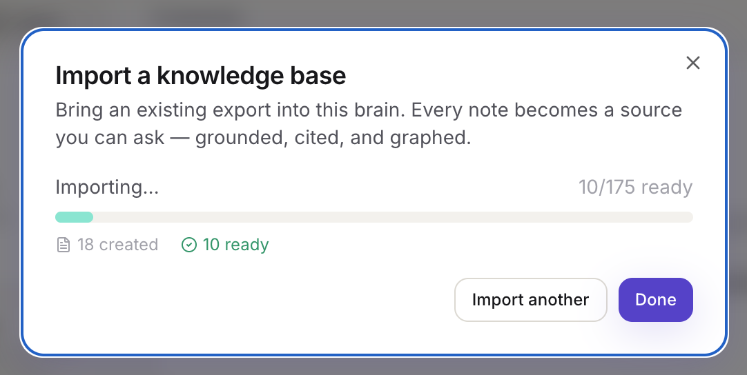 Ounie's import dialog mid-run: 175 notes importing, 18 created, 10 ready.