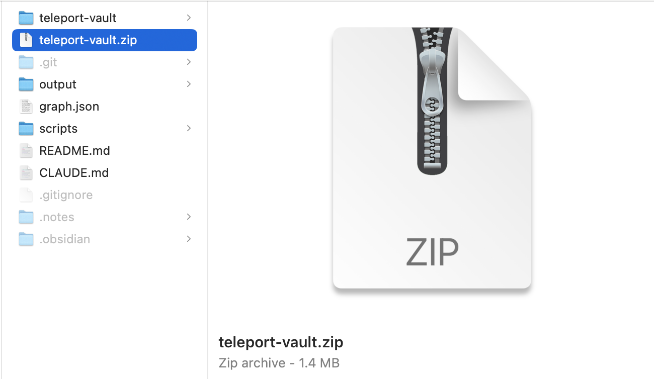 An Obsidian vault folder compressed into teleport-vault.zip, a 1.4 MB archive.