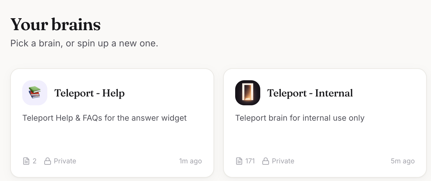 The Ounie dashboard showing two brains: Teleport - Help (public) and Teleport - Internal (private).